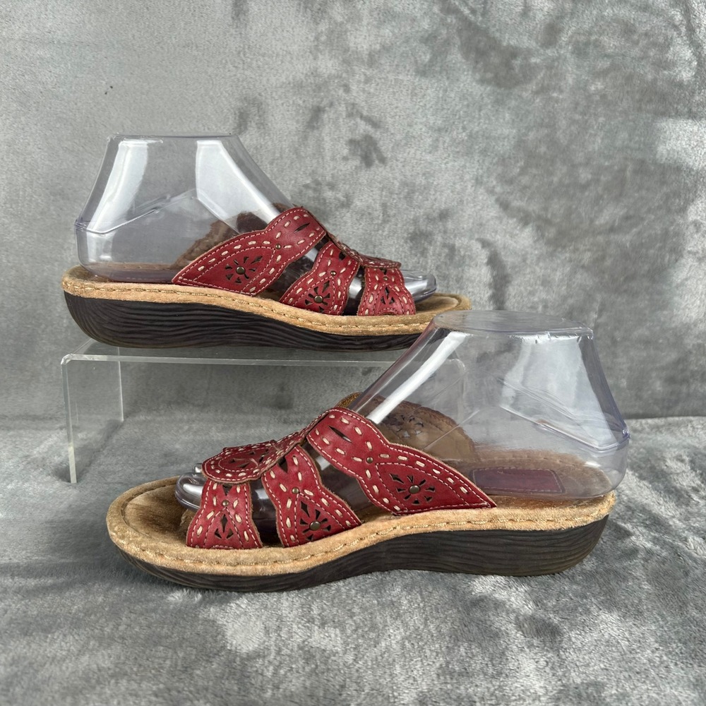 Clarks Artisan Red Leather Laser Cut Floral Slide Wedge Sandals Womens 7.5 M